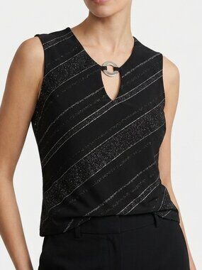 New Look Black Silver Glitter Stripe Keyhole Ring Top‎ Size 14
